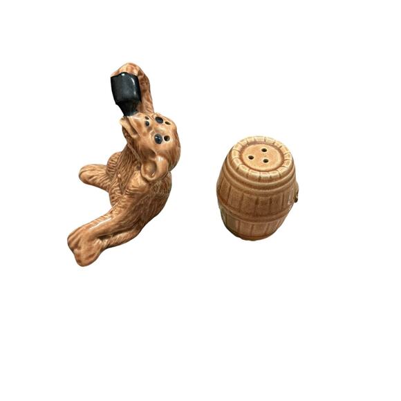 Vintage Drinking Chimp and Whiskey Barrel Salt and Pepper Shaker Set Ceramic - Picture 3 of 7